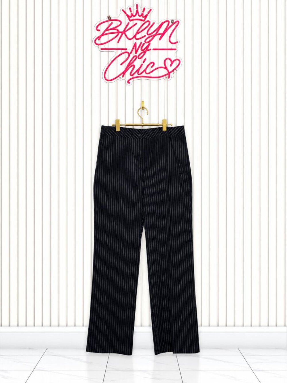 Jones New York Sloan Pants featuring classic navy and white stripes